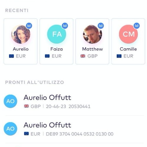 monese p2p contatti Trasferimenti P2P in app