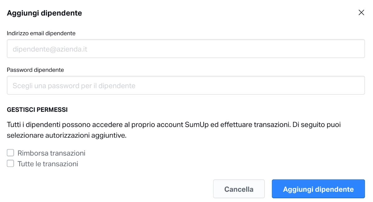 sumup aggiungi dipendente