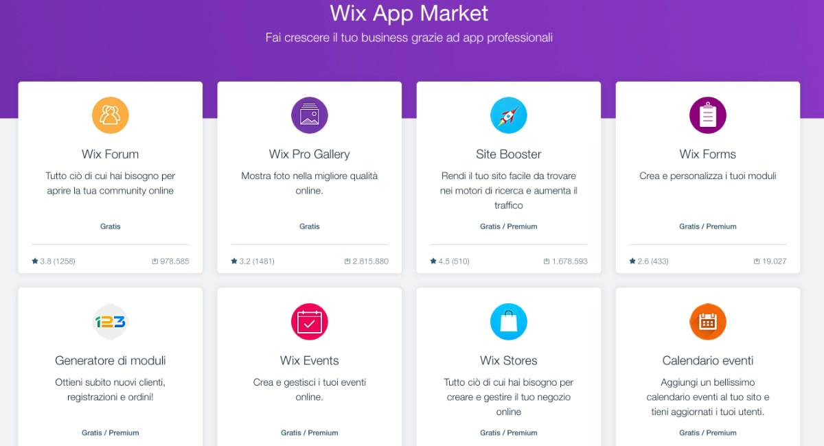 L'app market di Wix permtte di estendere le funzioni del negozio