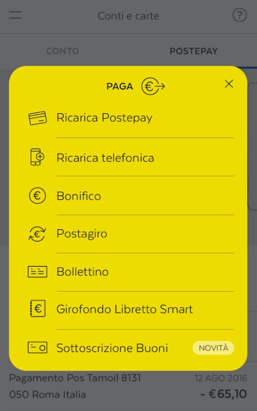 Schermata operazioni app BancoPosta