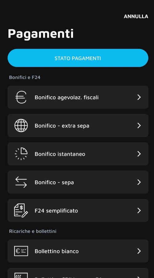 buddybank pagamenti app Menu operazioni app Buddybank