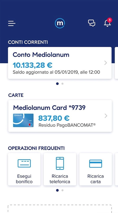 Schermata principale app Mediolanum