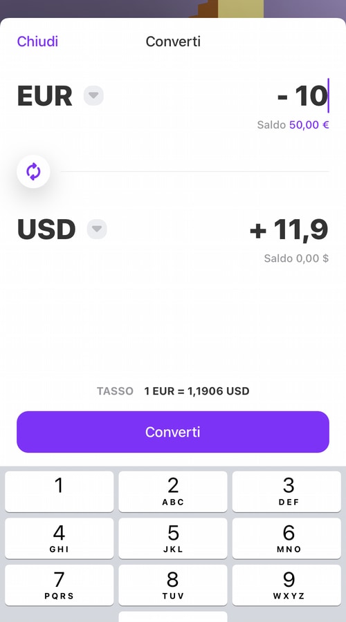 Cambio di valuta in app