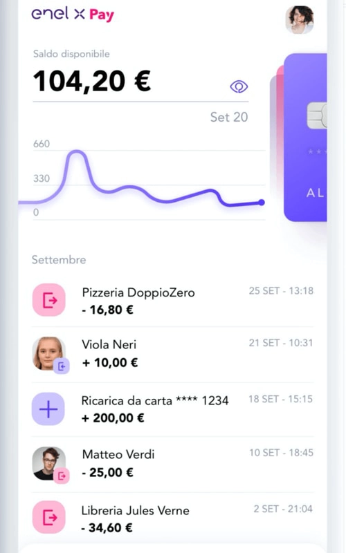 Schermata principale dell'app Enel X Pay