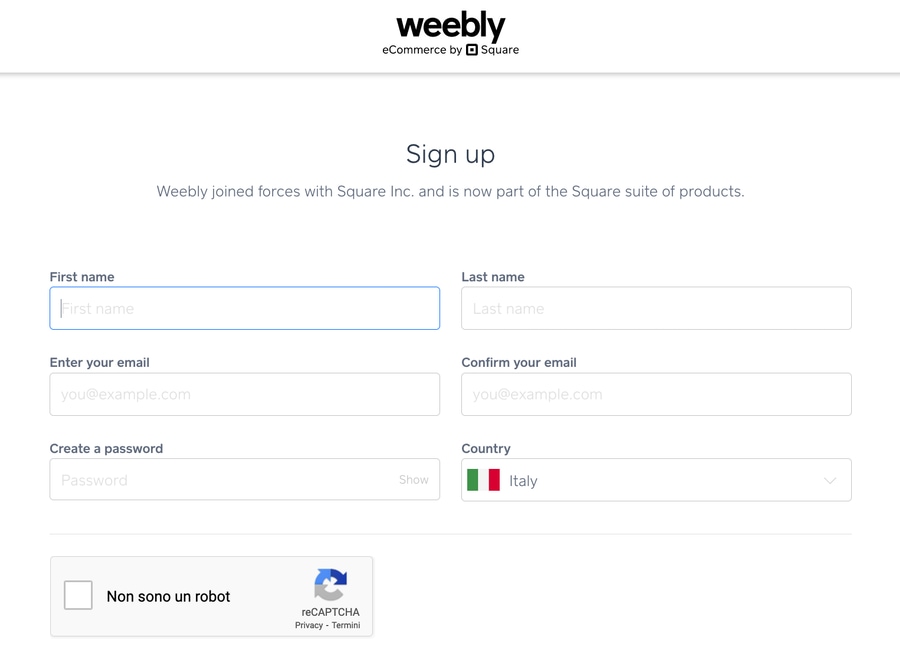 Pagina di registrazione a Weebly