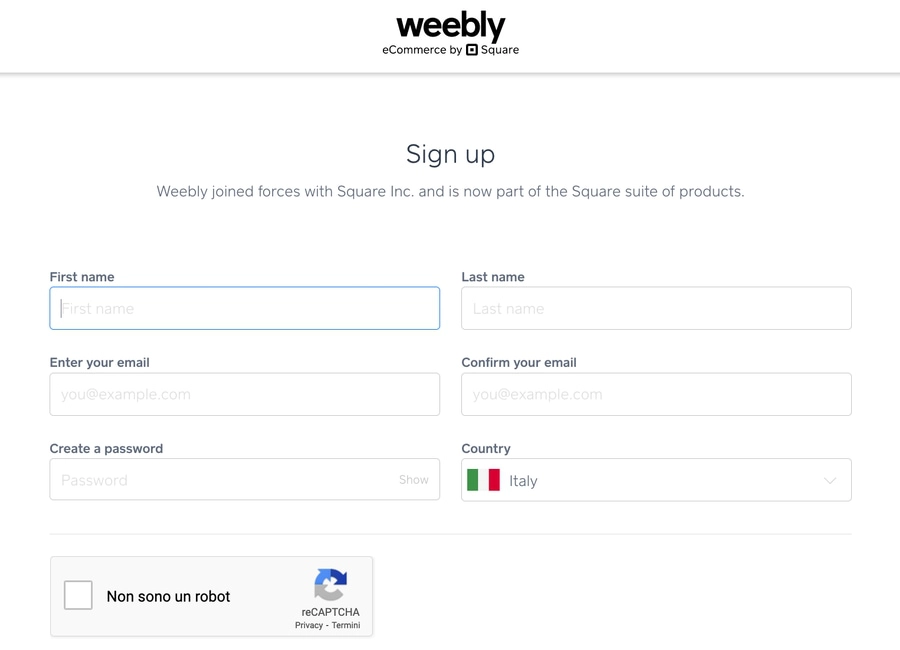 Pagina di registrazione a Weebly