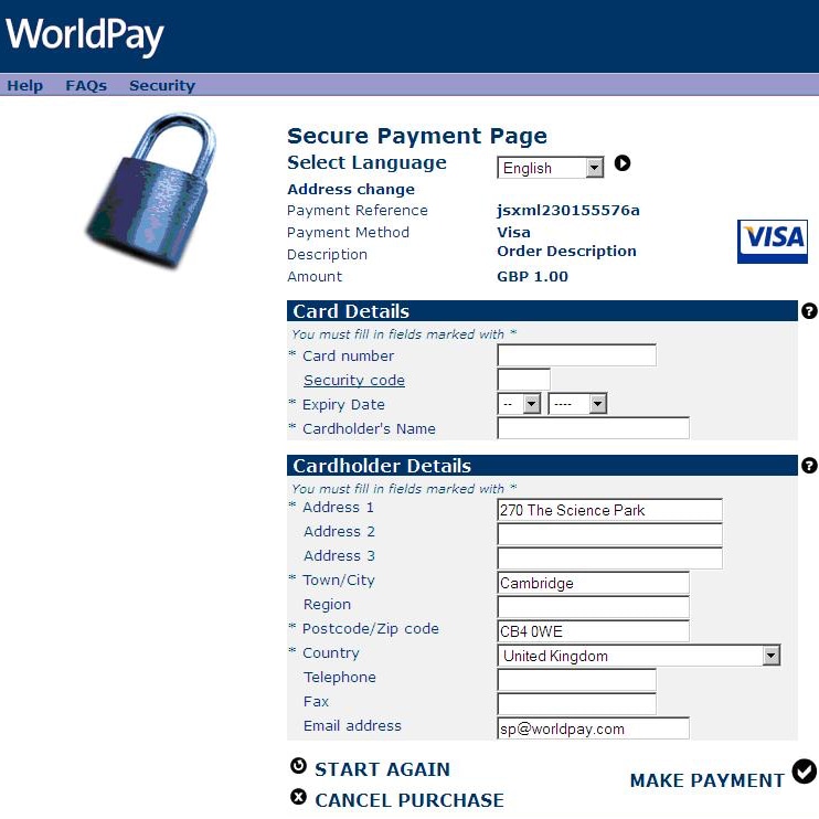 worldpay-gateway Pagina di pagamento offerta dal gestore WorldPay