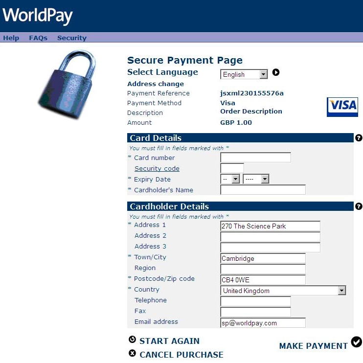Pagina di pagamento offerta dal gestore WorldPay