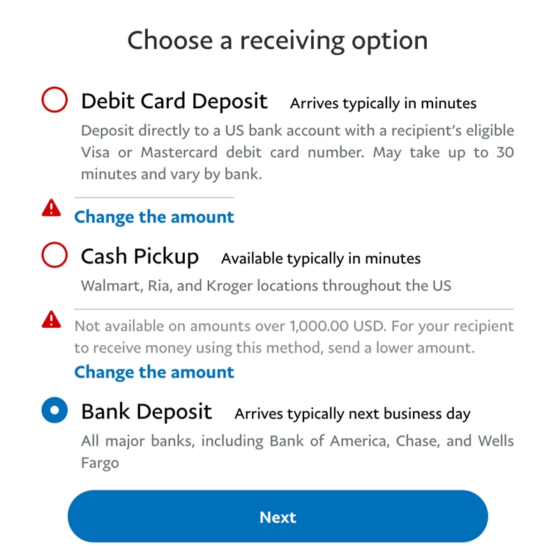 PayPal Xoom ha diverse opzioni per la ricezione delle somme, tra cui il ritiro di contanti