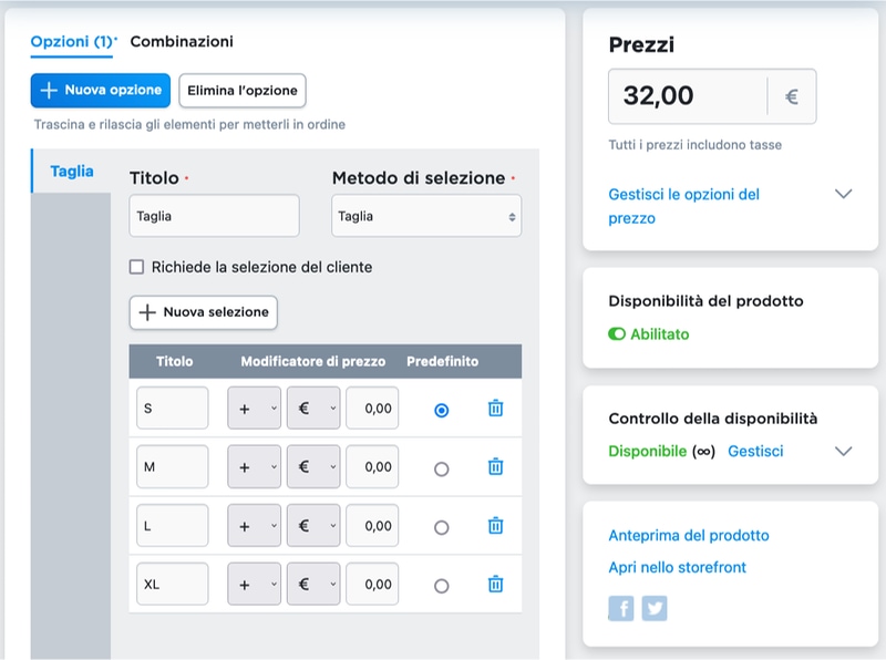 ecwid opzioni prodotto