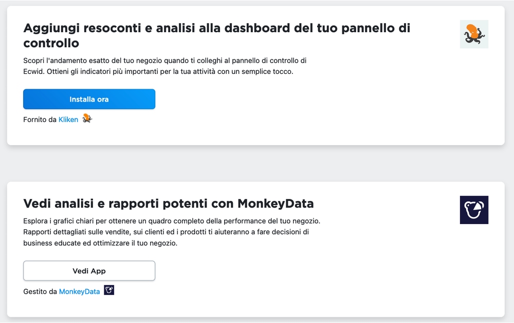 ecwid resoconti statistiche