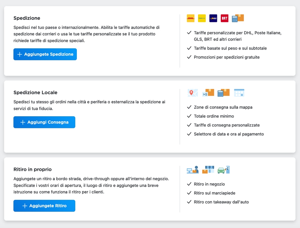 ecwid spedizione metodi