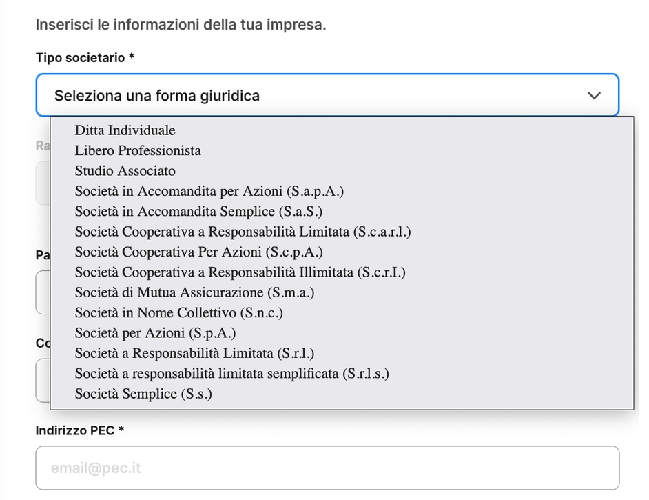 tot apertura conto tipo societario
