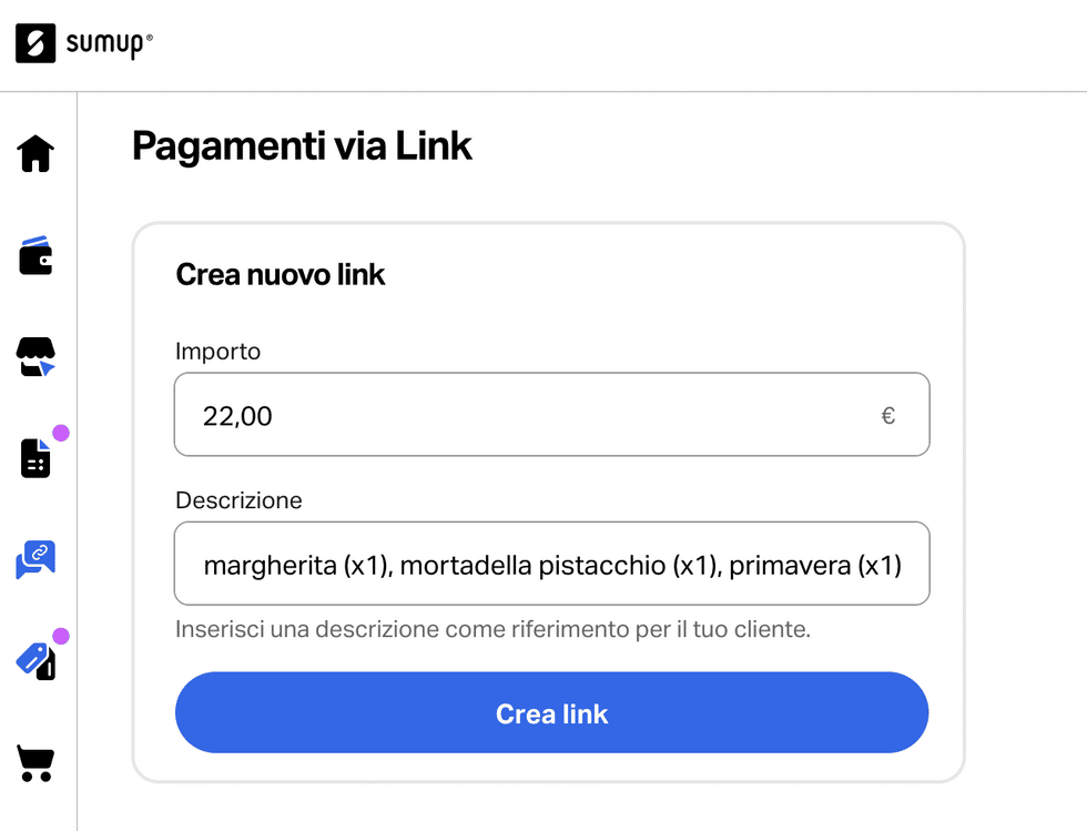 Per creare un link basta digitare l'importo e cliccare sul pulsante