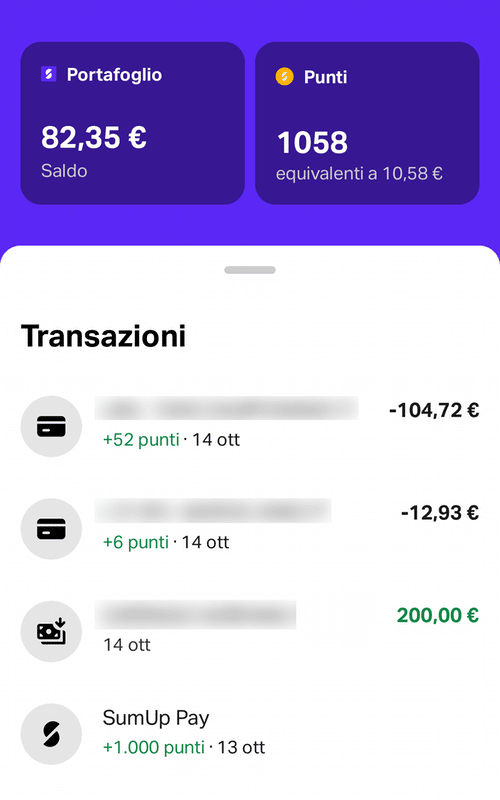 Elenco delle transazioni nell'app Sumup Pay