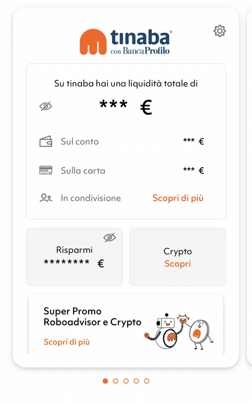 La pagina principale dell'app Tinaba mostra il saldo generale, quello degli investimenti, del salvadanaio e del portafoglio di criptovalute