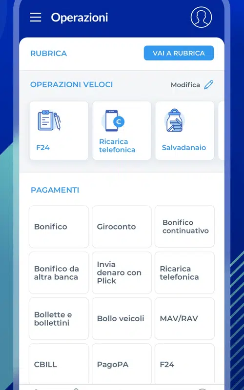 La pagina Operazioni dell'app Banca Sella è chiara e intuitiva