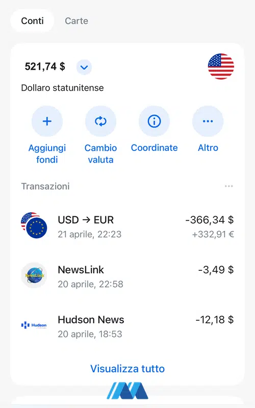 Nella pagina principale dell'app si sceglie il sotto-conto per visualizzare tutte le transazioni in una determinata valuta