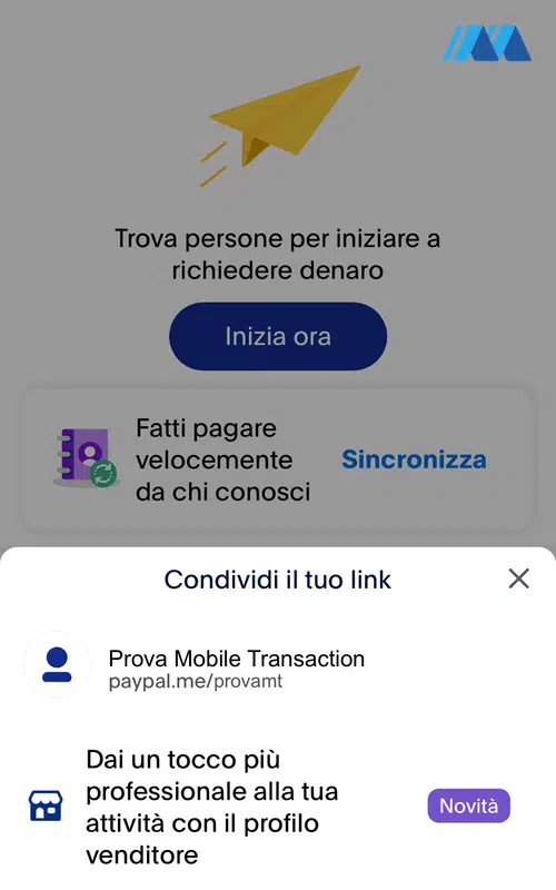 La creazione del link di pagamento è disponibile anche nell'app PayPal