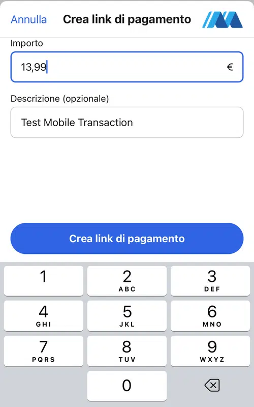 Inserimento importo per creazione link di pagamento nell'app SumUp