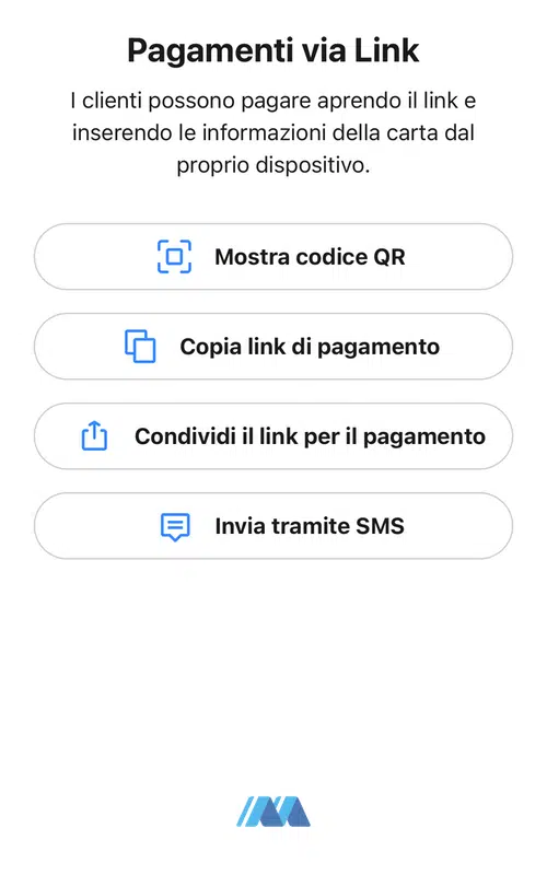 Metodi per condividere il link di pagamento nell'app SumUp: codice QR, copia link, SMS, condividi via app