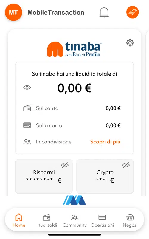 Pagina principale dell'app Tinaba