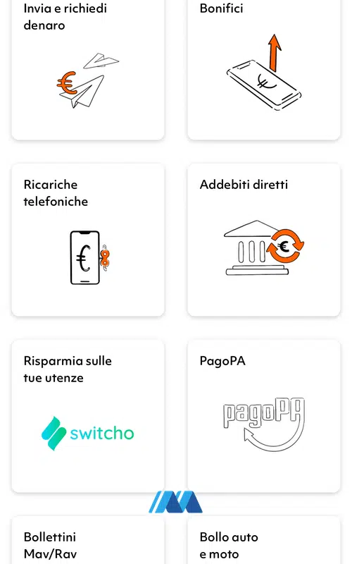 Operazioni eseguibili dall'app Tinaba: bonifico, ricarica telefonica, scambio denaro, bollo auto, bollettini, addebiti diretti