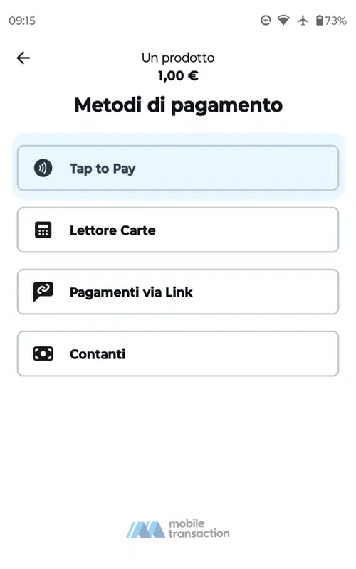 Nell'app SumUp si può selezionare il Tap to Pay tra i metodi di pagamento