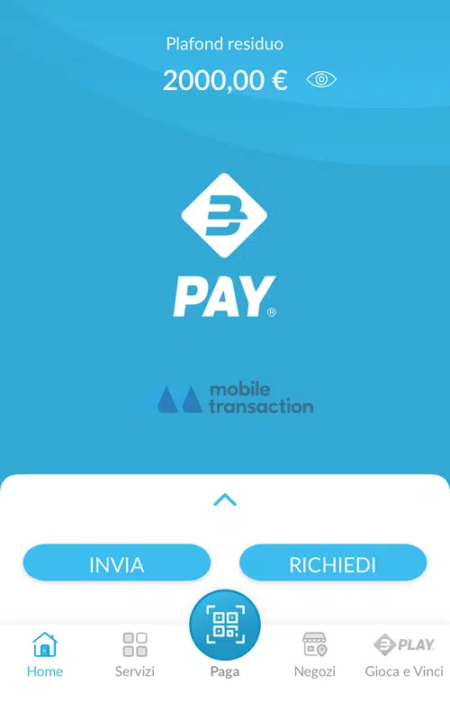 Nella pagina principale dell'app Bancomat Pay compaiono i tasti Invia, Richiedi, Paga