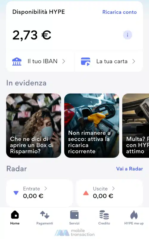 Pagina principale dell'app Hype