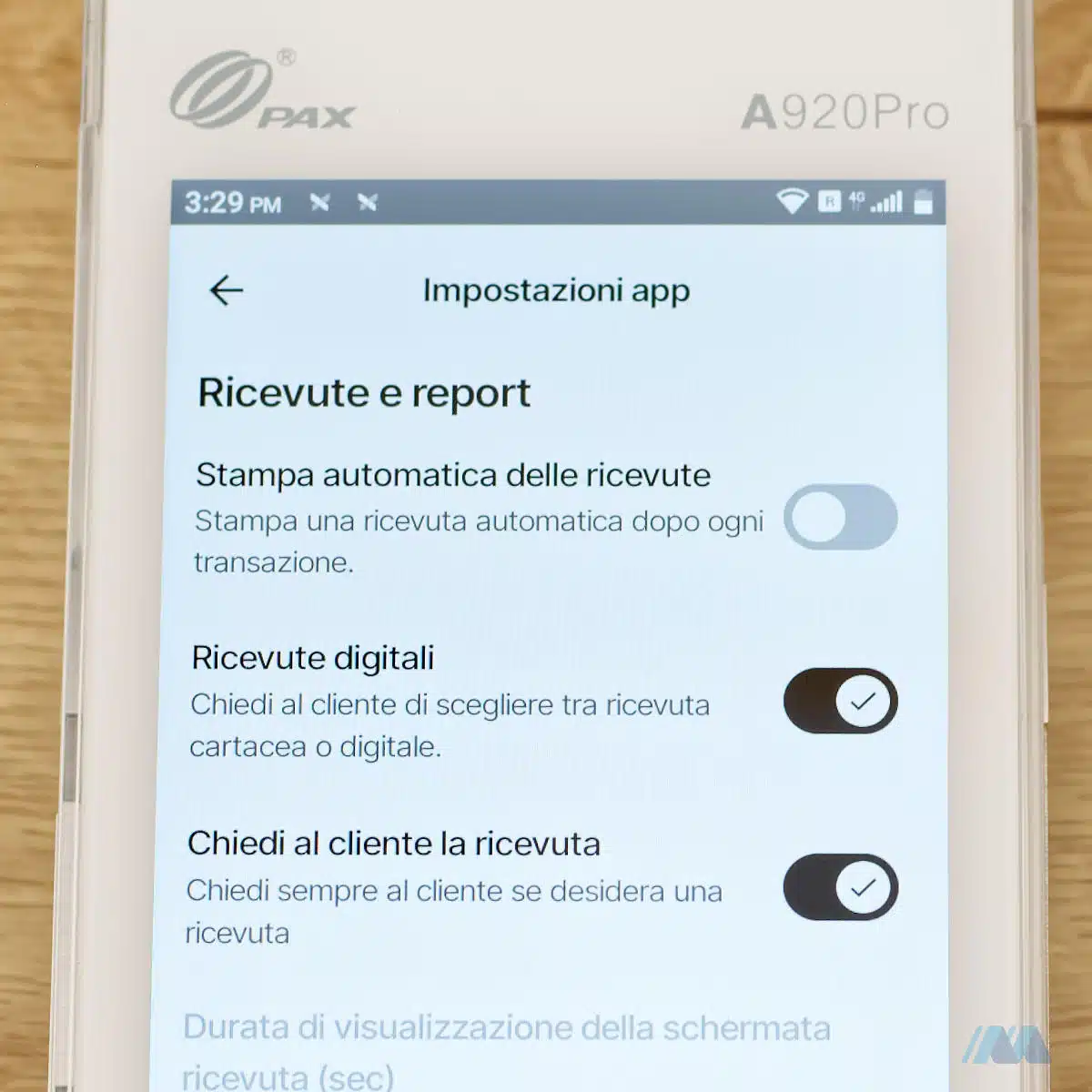 Schermata che mostra la disattivazione della stampa automatica della ricevuta sul dispositivo POS Flatpay