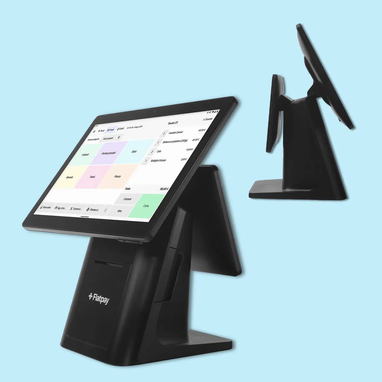 Flatpay Cassa Integrata Premium ha doppio touchscreen per esercente e cliente